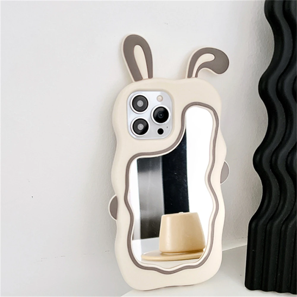 Color: Pink, Material: Wood - Cute Bunny Ears Mirror Phone Case For iPhone 15 14 Plus 13 12 11 Pro Max Shockproof Silicone Case