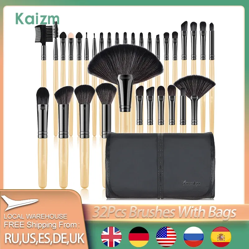 Handle Color: Black, Ships From: france - Kaizm 32pcs Natural Hair Makeup Brushes Set Cosmetic Foundation Powder Eyeshadow Eyebrow Premium Wooden Make Up Brush Tools Kits