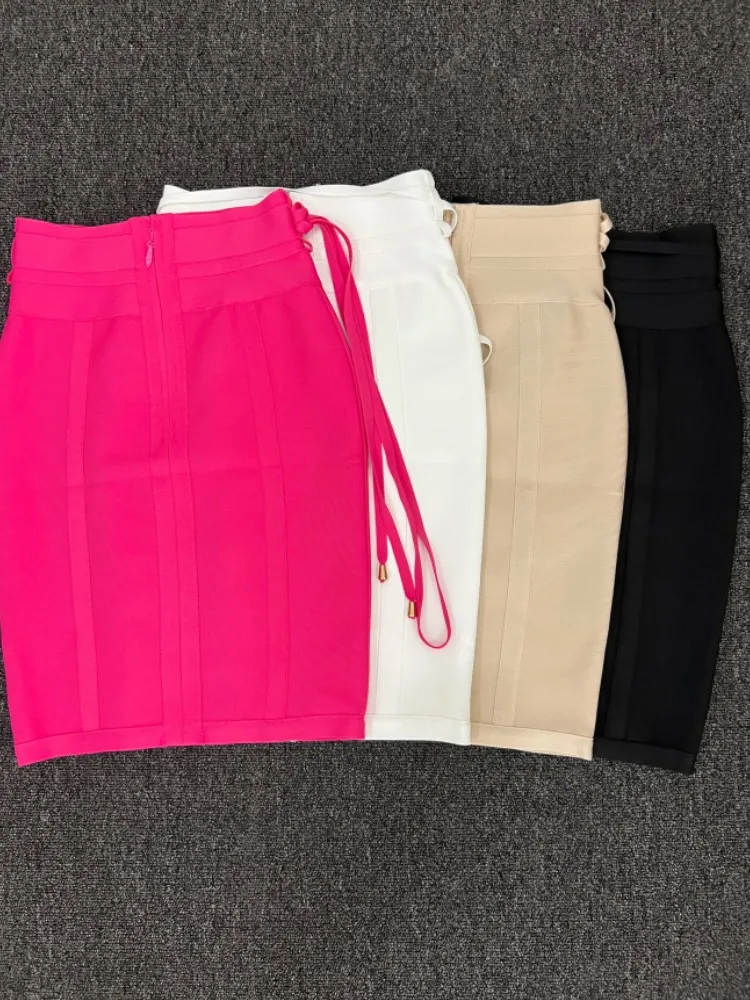 Color: Rose Red, Size: L - 4 Colors Women Hot Pink Black White Bodycon Bandage Skirt Designer High Street Party Club Pencil Skirt 55cm