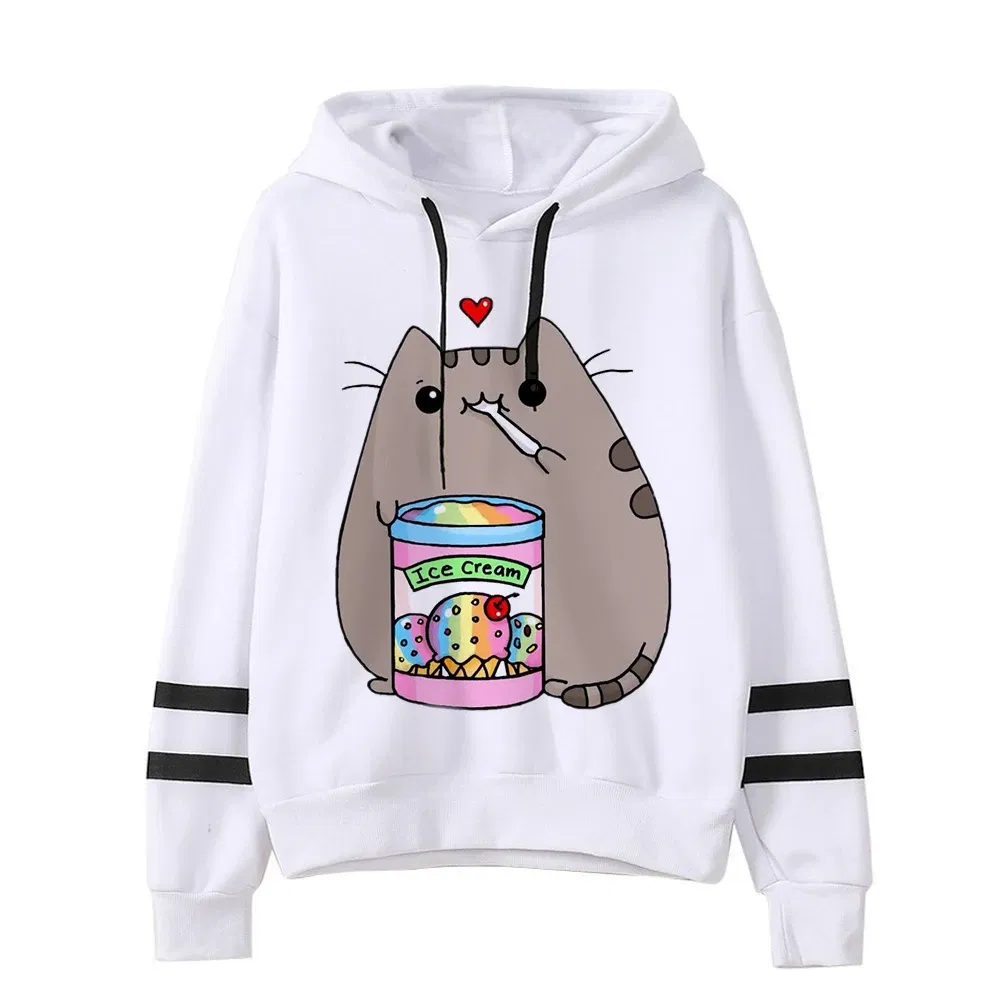 Color: dark green, Size: XXL - Women Ullzang Cute Cat Funny Cartoon Sweatshirt Pusheen Cat Kawaii Harajuku Korean Style Hoodies Graphic Fashion Hoody Female