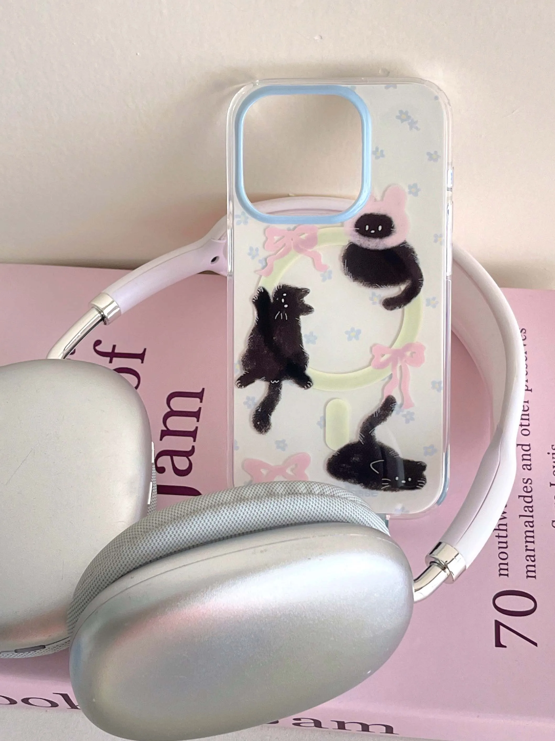 Color: black, Material: Plastic - Cute Black Cat, Pink Bow, Blue Flower Magnetic Card Holder Phone Case for IPhone 13 14 15 Pro Max 13Pro 16ProMax 14Pro 15Pro 12