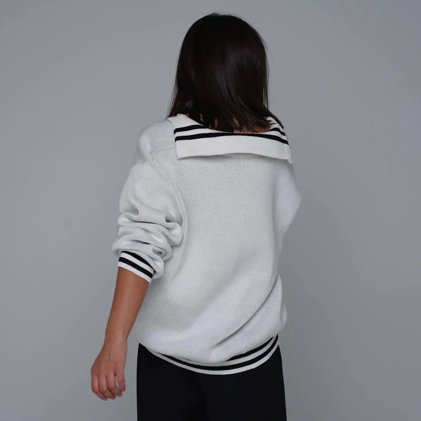 Color: Blue, Size: M - JHJN Autumn V-Neck Sweater Women Patchwork Letter Streety Tops Loose Casual Pullovers Long-Sleeved Knitted Shirts Women Sweater