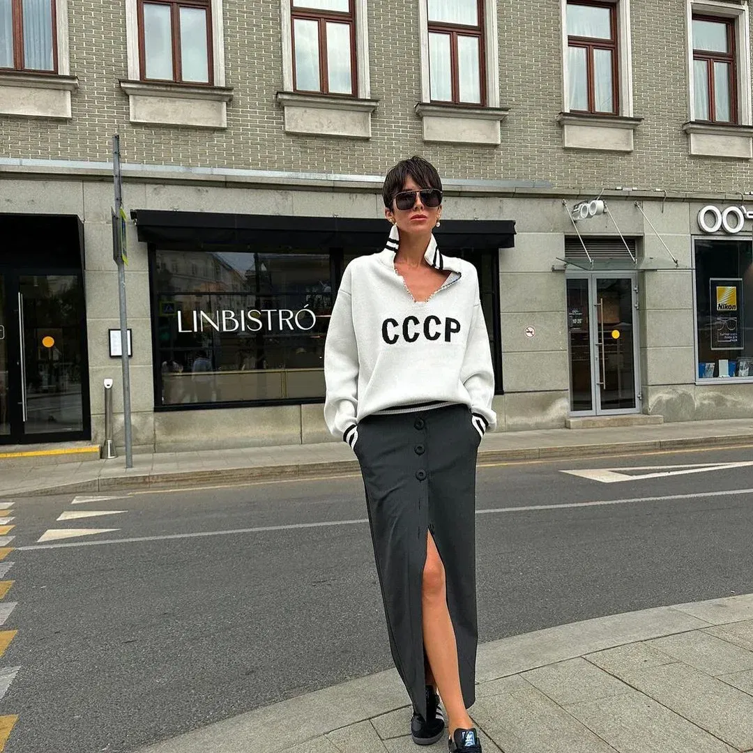 Color: Blue, Size: M - JHJN Autumn V-Neck Sweater Women Patchwork Letter Streety Tops Loose Casual Pullovers Long-Sleeved Knitted Shirts Women Sweater