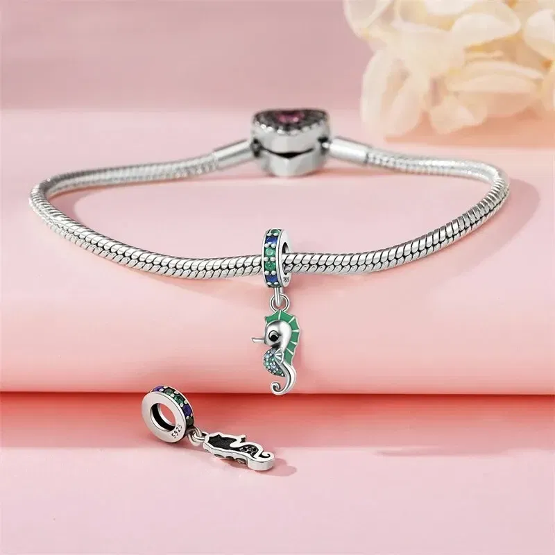 Color: WHITE - Fit Original Pandora Bracelet 925 Sterling Silver Seahorse Charms Beads Inlaid Zirconium Temperature Change Pendants Diy Jewelry