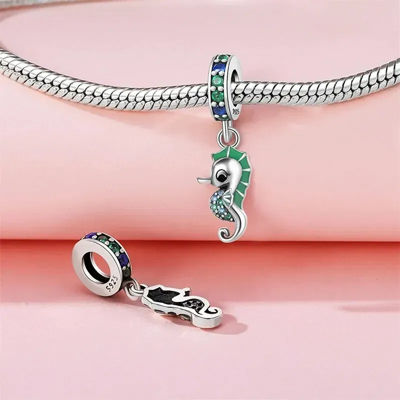 Color: WHITE - Fit Original Pandora Bracelet 925 Sterling Silver Seahorse Charms Beads Inlaid Zirconium Temperature Change Pendants Diy Jewelry