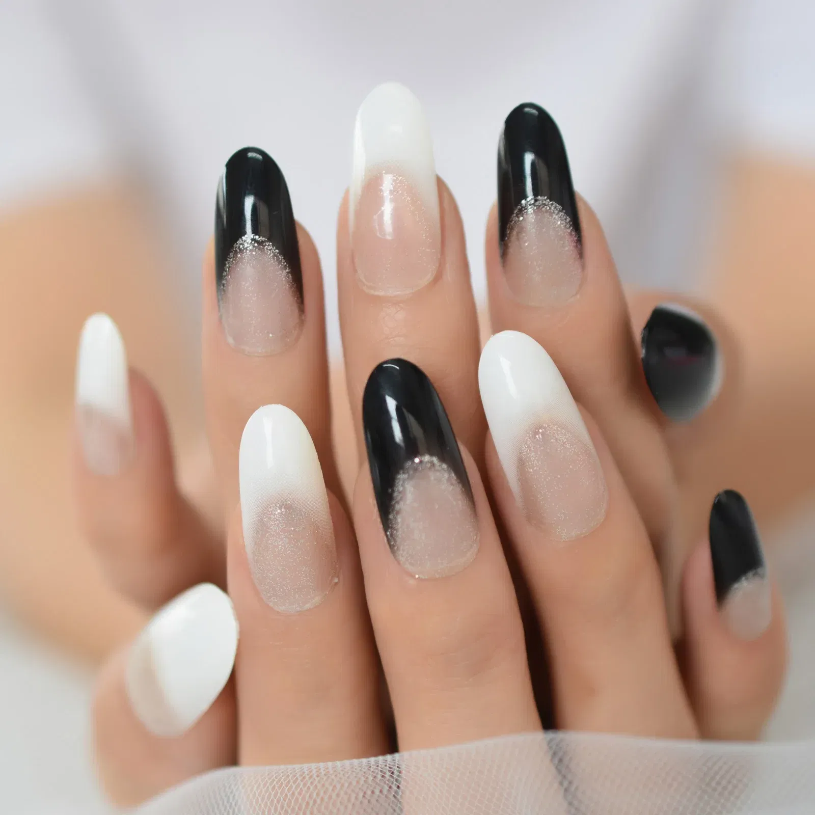 Color: green - Oval Gel Fake Nails Designs Medium Almond Duckbill Shape Press On Nail Tips Long Black Milky Mixed-Color False Nail Art Set