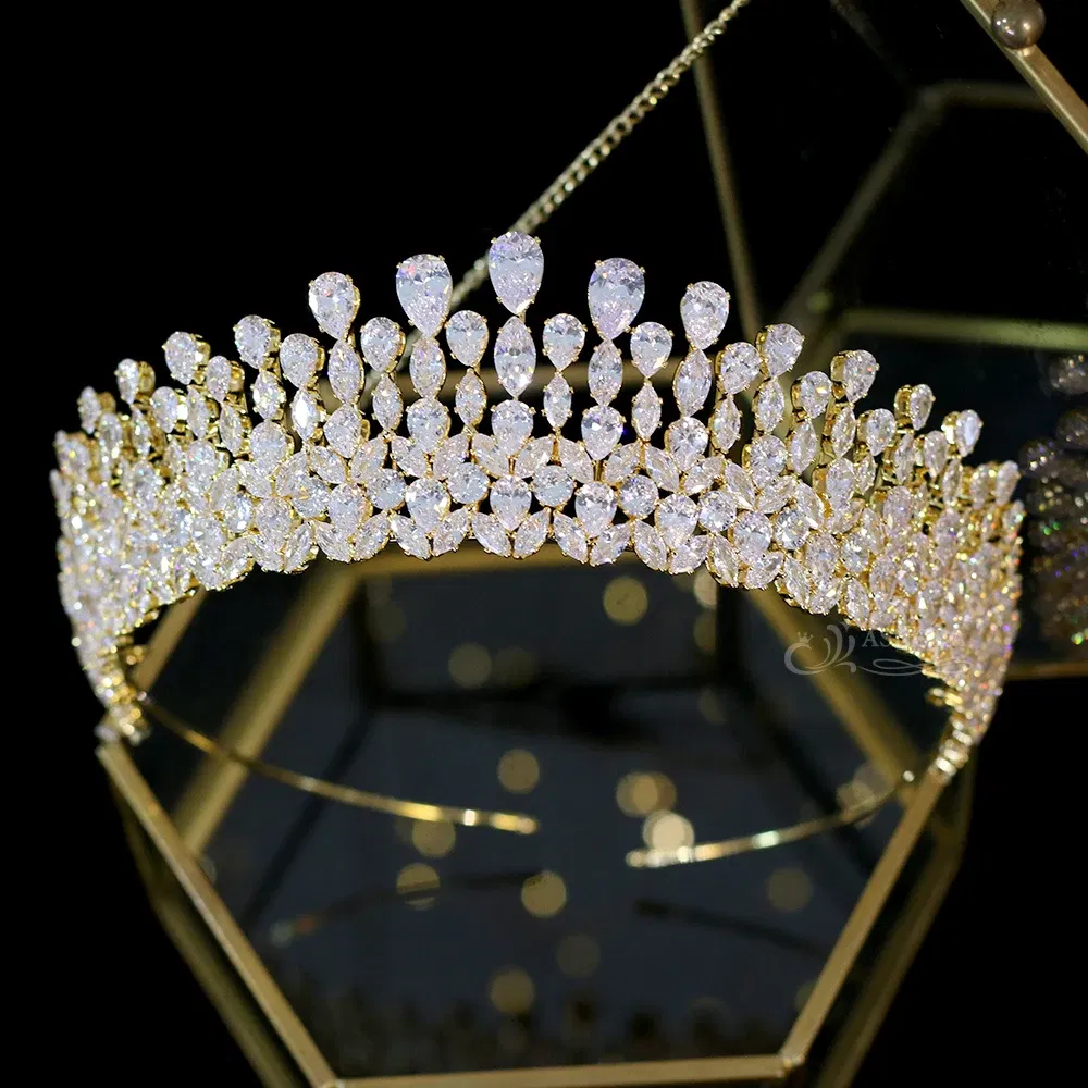 Metal color: Gold-color - New Bride Tiara Crystal Headdress Wedding Hair Accessories Full Zircon Crowns Headband Wedding Jewelry Crowns For Women