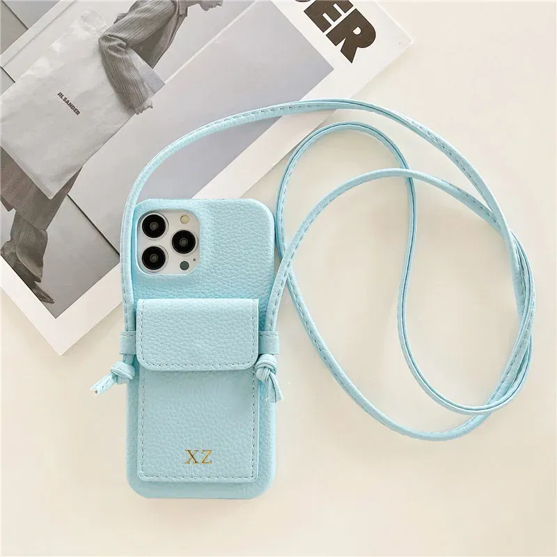 Color: SKY BLUE, Material: Microfiber - Personalized Gold Silver Letters Leather PU Card Holder Lanyard Hard Case For iPhone 14 13 12 11 15 Pro Max XS XR 16  Plus Cover