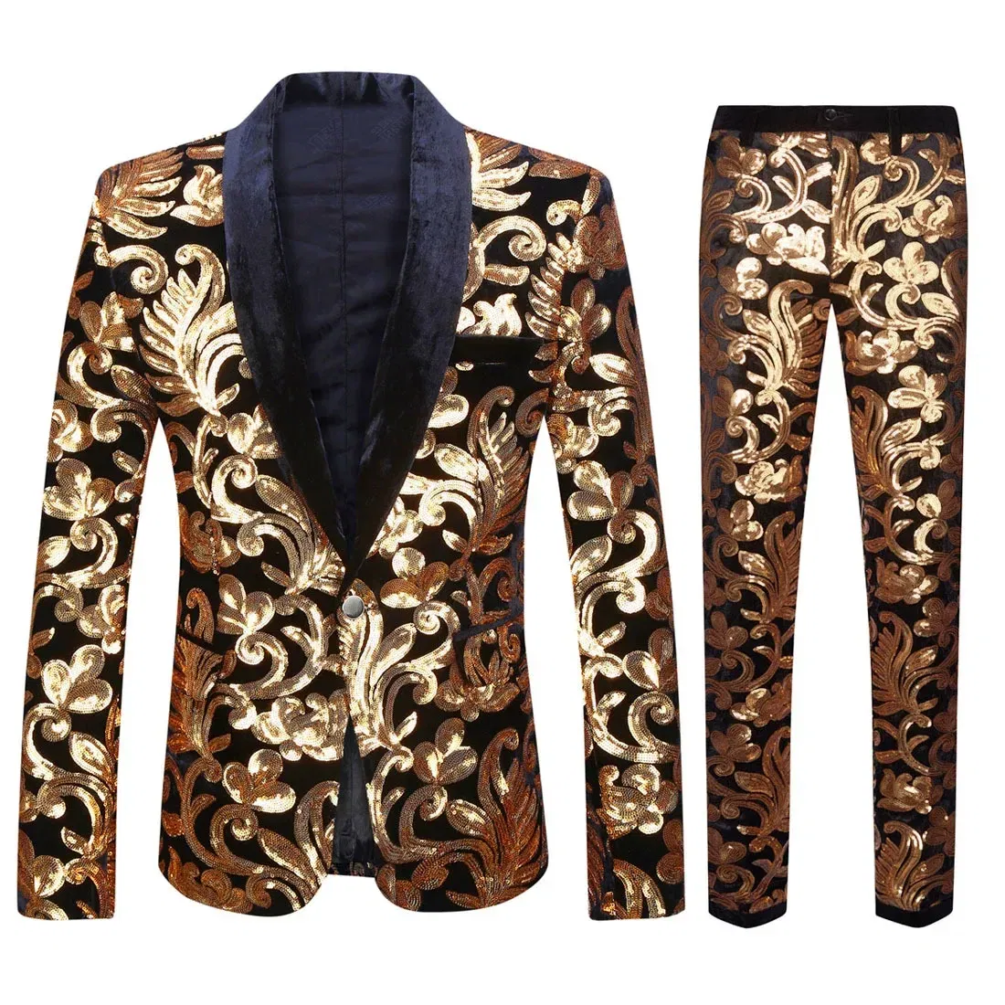 Color: Beige, Size: M - Euroma suit (Blazer + Trousers) Men's Gold Velvet Fashion Elegant Casual Wedding Banquet Party Sequin Costumes Two Piece Set