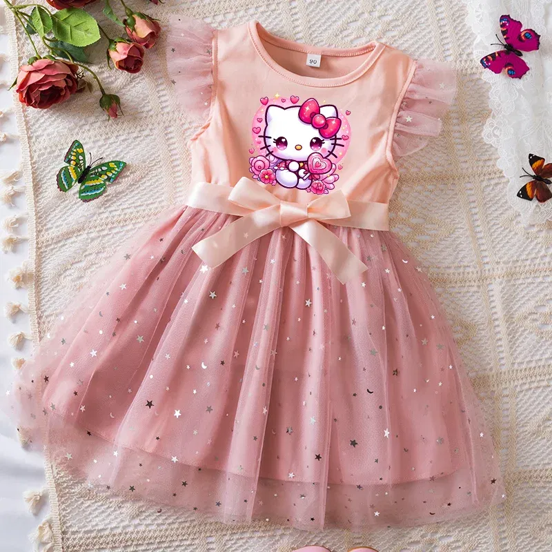 Color: Gold, Kid Size: 9 - Hello Kitty Girls Sequin Tutu Dress with Bow Flutter Sleeves Summer Princess Party Outfit for Toddler Kids 2-6 Years