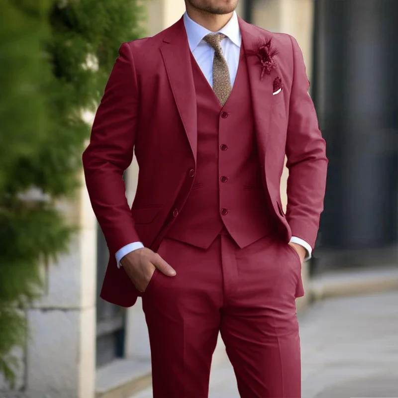 Color: Burgundy, Size: L - 3 Pieces Beige Suits for Men Fashion Slim Fit Blazer Vest Pants Set Formal Business Wedding Tuxedos for Men Casual Clothing