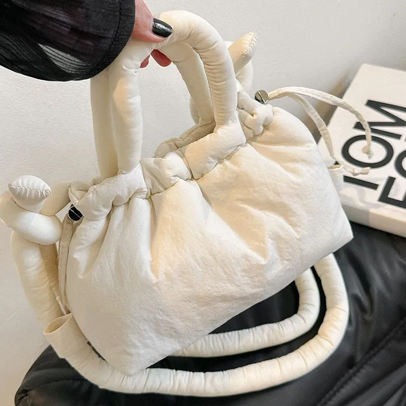 Color: Beige - Fashion Small Puffer Tote Bag Padded Women Shoulder Bags Nylon Down Cotton Crossbody Bag Mini Lady Handbags Underarm Bag