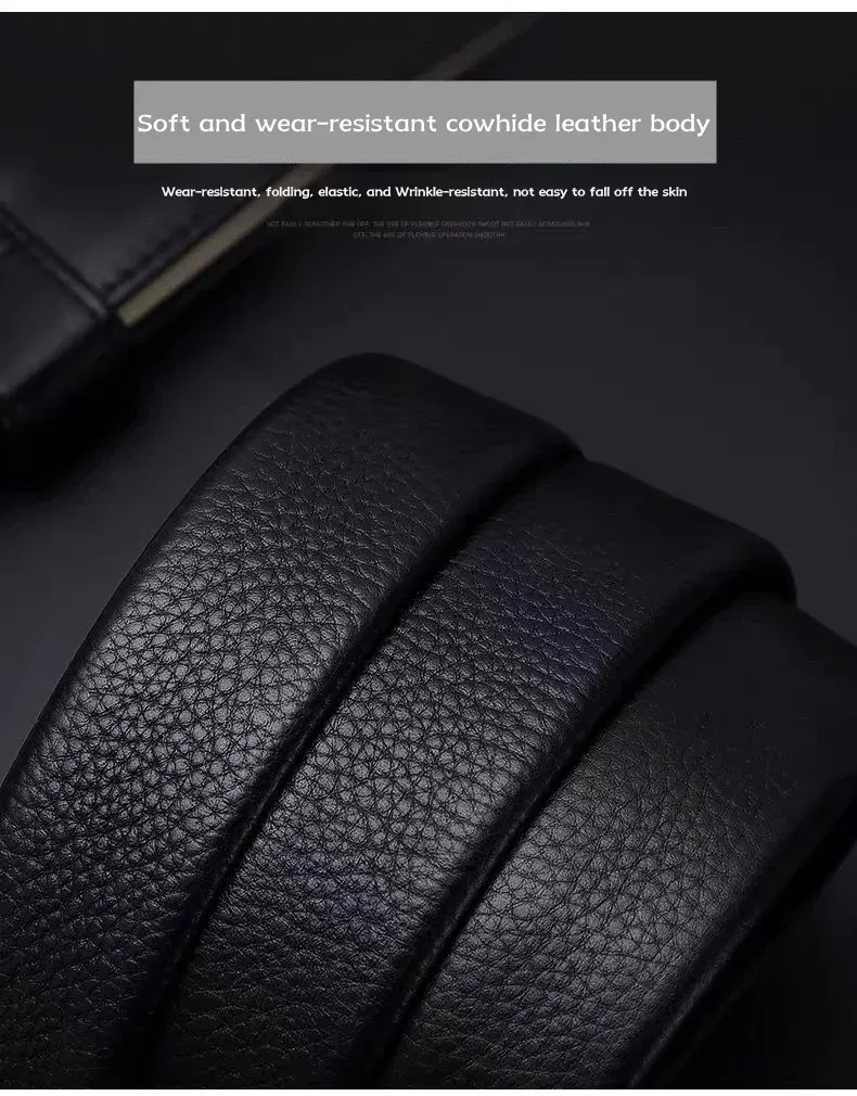 Color: WHITE, Belt Length: 110cm - Cowhide belt, men's leather belt, automatic buckle, men's top layer, high-end trendy buckle