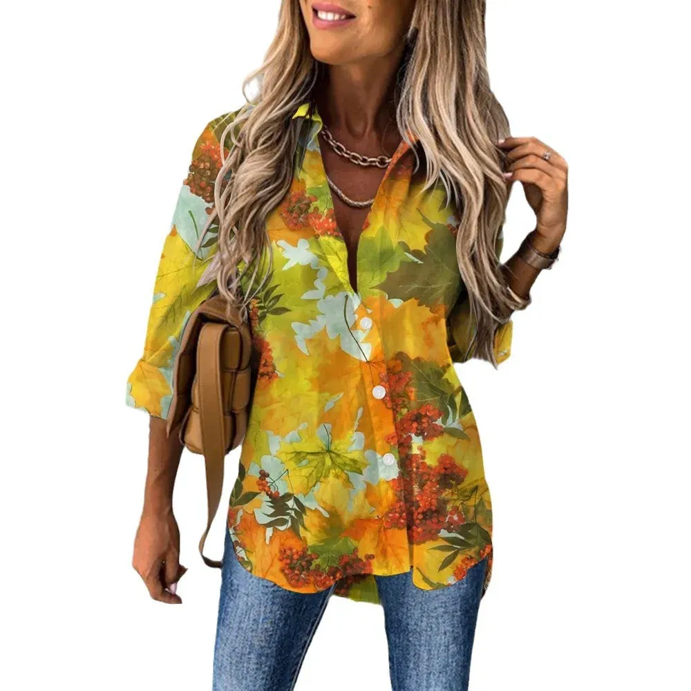 Color: army green, Size: S - Ladies Long Sleeved Shirt Vacation Style Coconut Tree 3D Digital Printed Button Up Collar Loose Casual Ladies Blouse 2024 Autumn