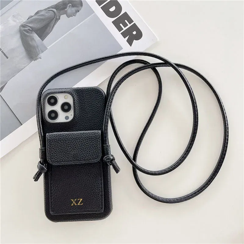 Color: black, Material: Plastic - Personalized Gold Silver Letters Leather PU Card Holder Lanyard Hard Case For iPhone 14 13 12 11 15 Pro Max XS XR 16  Plus Cover