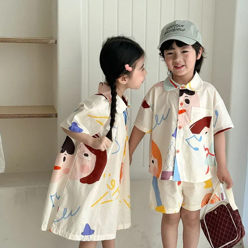 MILANCEL New Summer Kids Clothes Set Girls Cute Graffiti Dress Boys Short Sleeved Shirt Children Thin Style Outwear