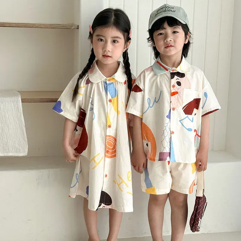 MILANCEL New Summer Kids Clothes Set Girls Cute Graffiti Dress Boys Short Sleeved Shirt Children Thin Style Outwear