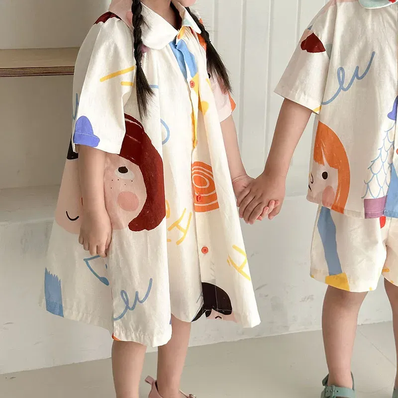 MILANCEL New Summer Kids Clothes Set Girls Cute Graffiti Dress Boys Short Sleeved Shirt Children Thin Style Outwear