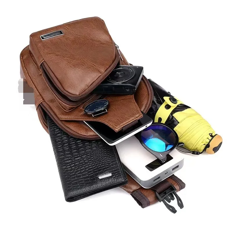 Color: MULTI - Fashion Men Chest Bag USB Charging Leisure PU Leather Crossbody Bag For Men Single Strap Anti-theft Chest Bag With Headset Hole