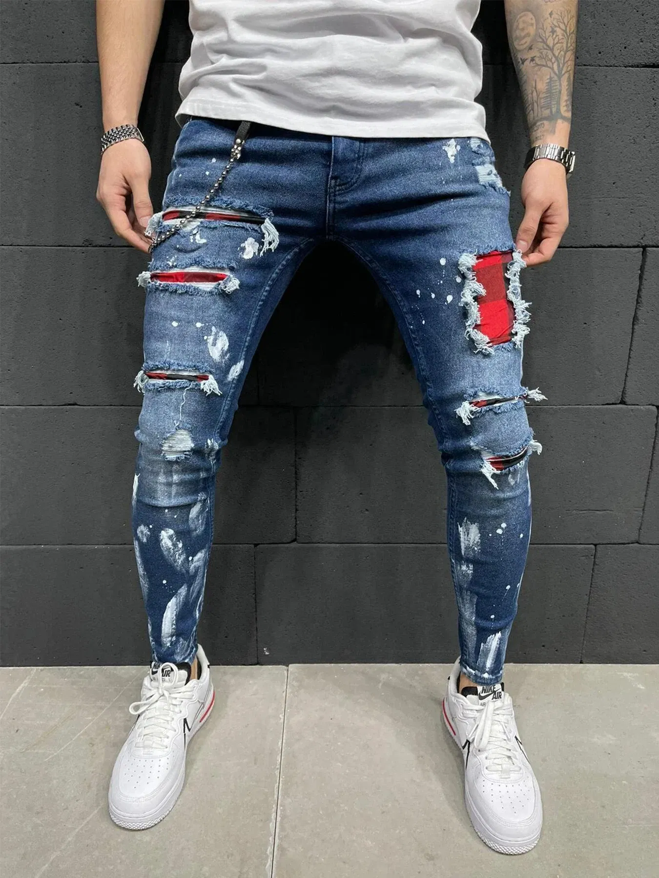 Color: SKY BLUE, Size: XXL, Ships From: CHINA - Men's Punk Hip Hop Black Fashion Jeans Spring summer New Rock Motorcycle Street Wear Tight Casual Denim pants Straight leg pants