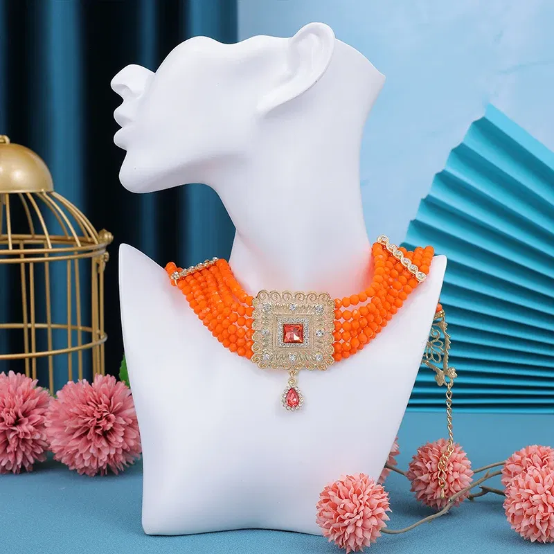 Metal color: Imitation Rhodium Plated - Hand Beaded Necklaces Water Drop Pendants Beaded Necklaces For Arab Brides