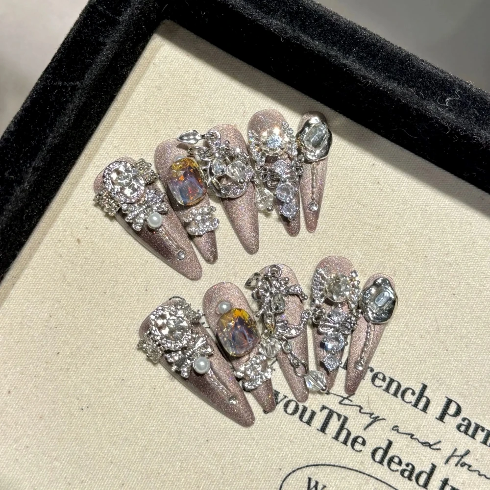 Color: green - Handmade Press on Taiwu Starry Sky Magic Mirror Cat Eye Handmade Wearing Heavy Industry