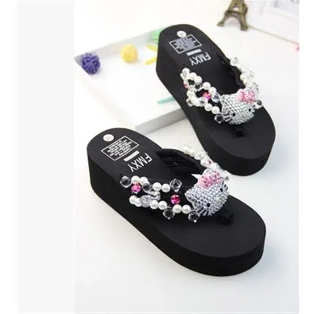 Color: Straw, Shoe Size: 36 - Sanrio Hello Kitty Soft Flip Flop Sandals Y2k Beach Slides Shoes Women Kawaii Casual Wedge High Heels Platform Slippers Ladies