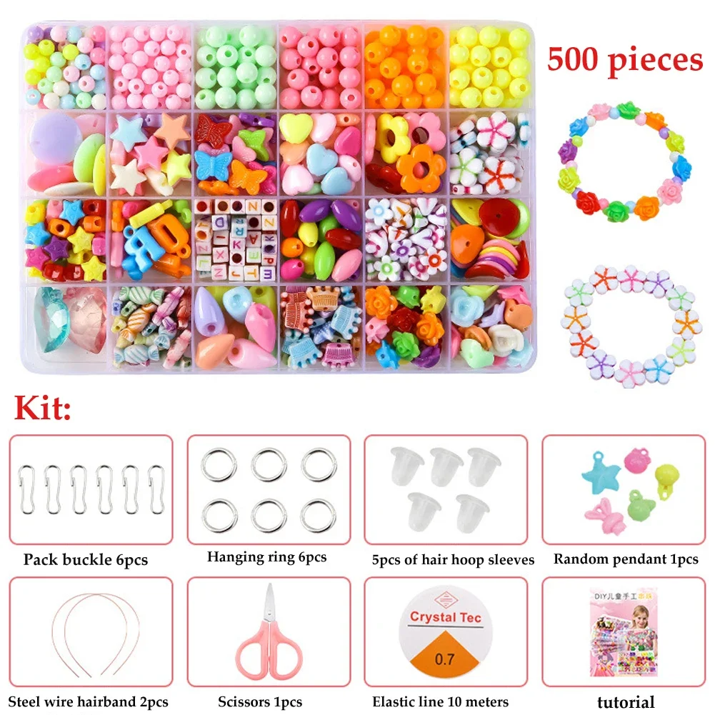 Color: Orange - 500pcs DIY Handmade Beaded Children's Toy Creative Loose Spacer Beads Crafts Making Bracelet Necklace Jewelry Kit Girl Toy Gift