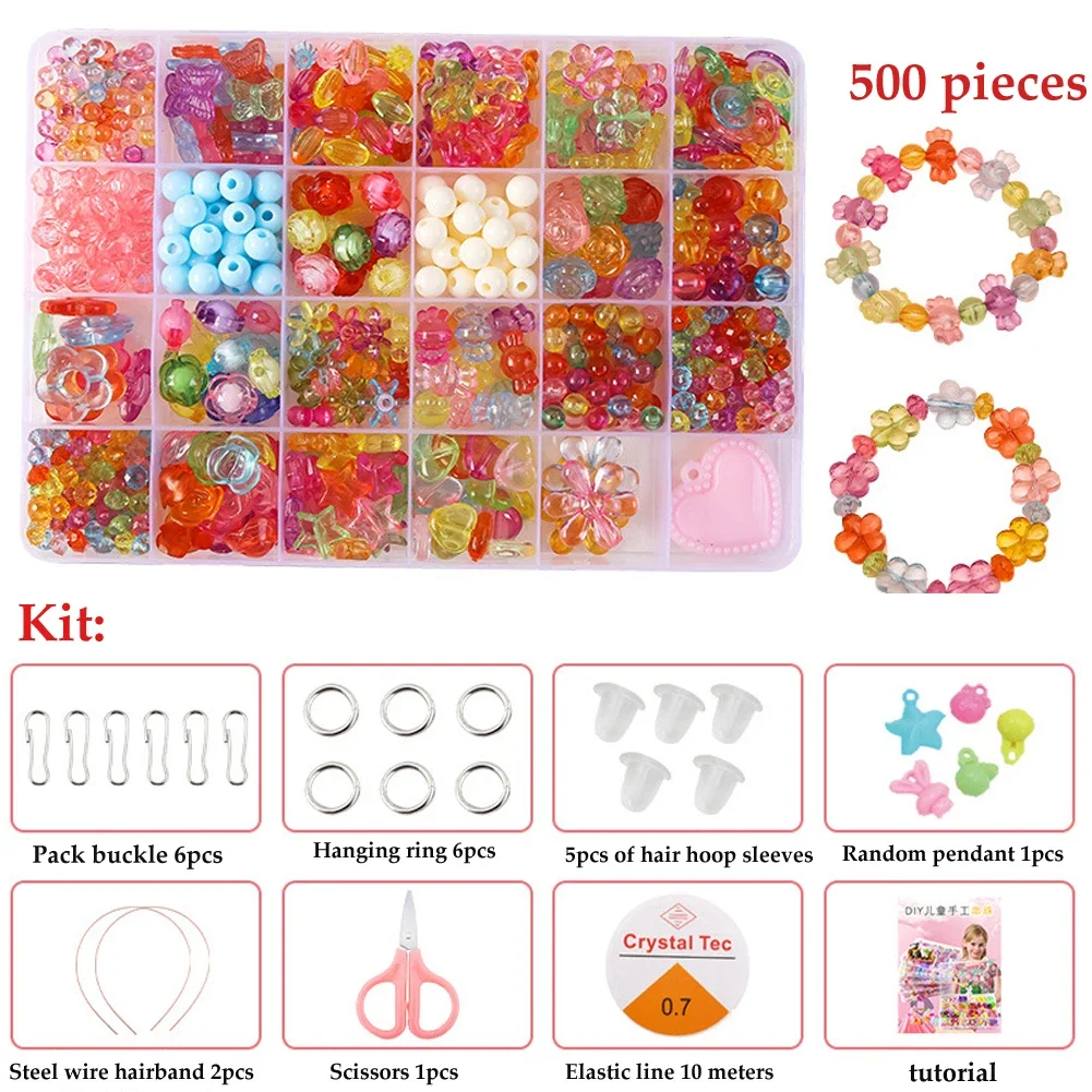 Color: Orange - 500pcs DIY Handmade Beaded Children's Toy Creative Loose Spacer Beads Crafts Making Bracelet Necklace Jewelry Kit Girl Toy Gift
