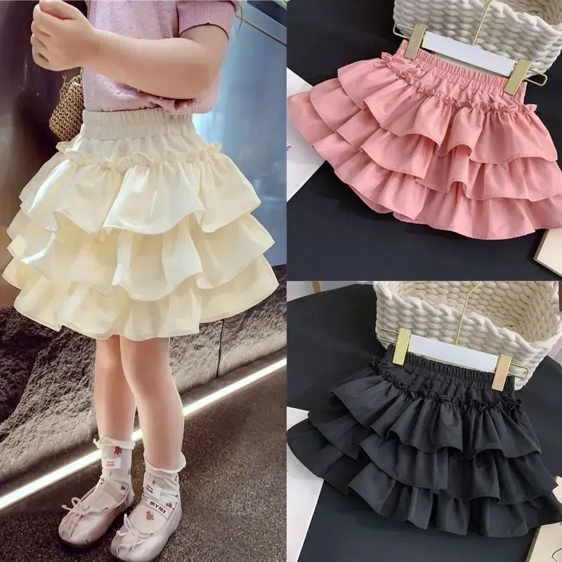 Color: Pink, Kid Size: 2T - Children Girls Pleated Cake Skirts Summer 2025 Elastic Waist Infant Babys Girls Bubble Skirts Toddler Kids Girls Princess Skirts