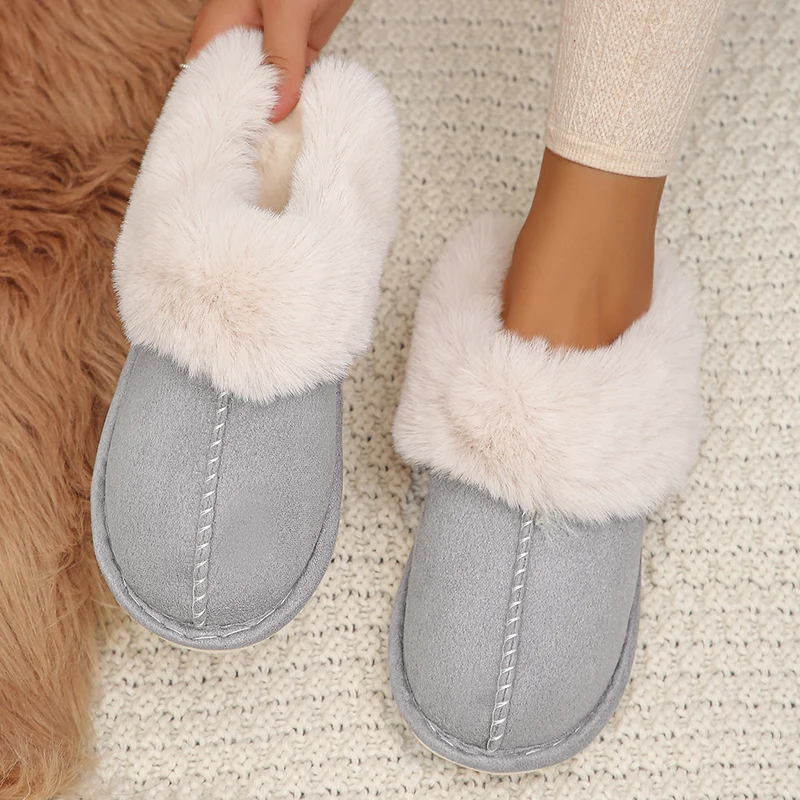 Color: GRAY, Shoe Size: 42 - Closed Toe Warm Cotton Slippers Women Faux Fur Thicken Plush Winter Home Shoes Woman Lightweight Casual Indoor Slides Female