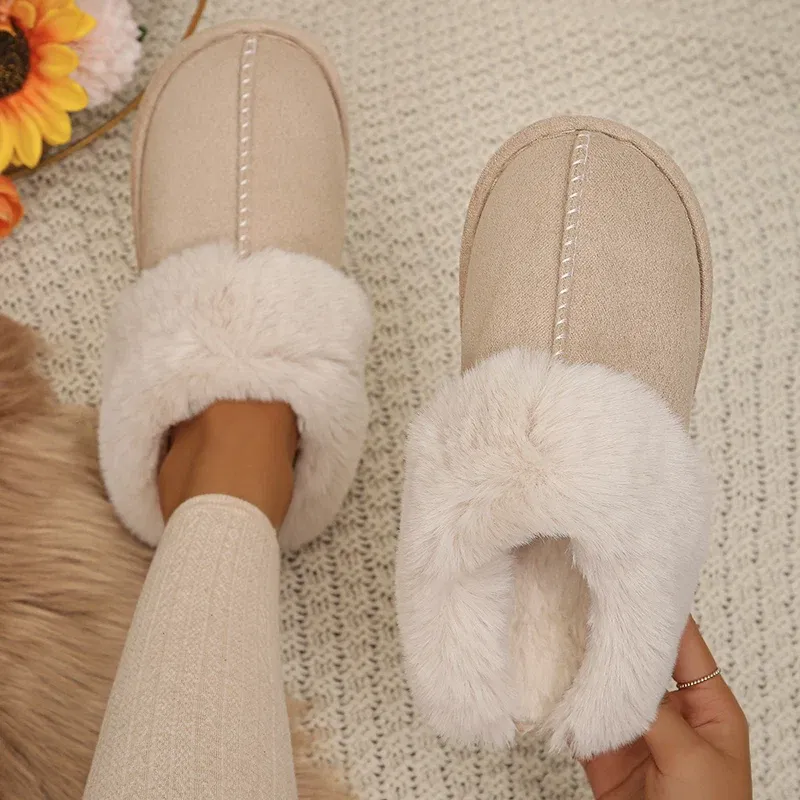 Color: GRAY, Shoe Size: 42 - Closed Toe Warm Cotton Slippers Women Faux Fur Thicken Plush Winter Home Shoes Woman Lightweight Casual Indoor Slides Female