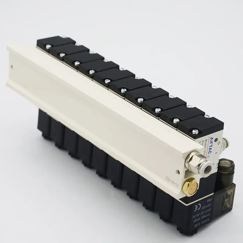 Color: Black, Specification: 3/8" - 3V210-08 Manifold Station Solenoid Valve  3 port 2 position Multi-way Combination DC12V 24V AC220V With Fitting Solenoid Valves