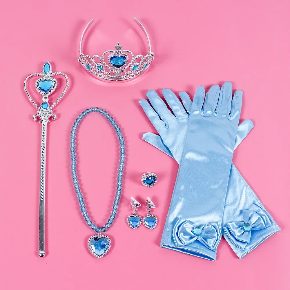Color: Blue - Pincess Anna Elsa Cosply Accessories Crown Magic Wand Necklace Wig Gloves Frozen Snow White Belle Cinderella Princess Role Play