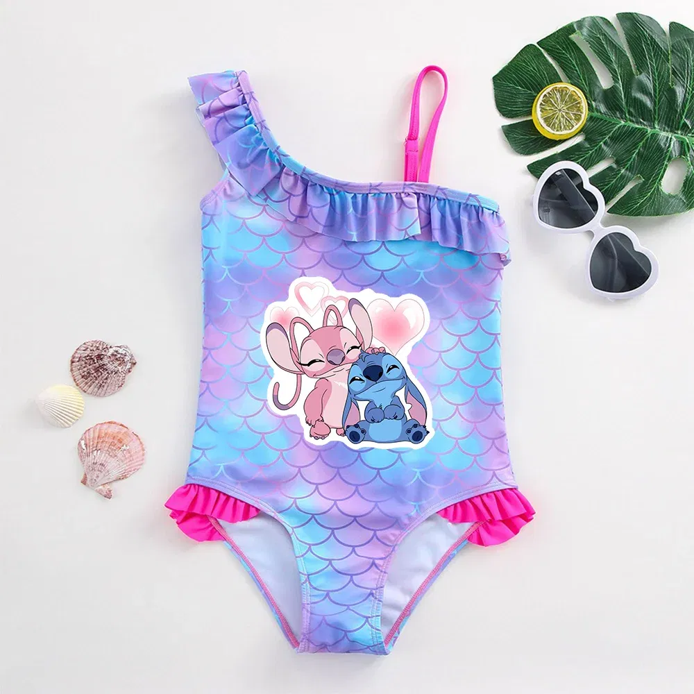 Color: Chocolate, Size: M - Stitch Girls Swimsuit Fashion Mermaid Fish Scale One-Piece Bathing Suits Children's Dresses Summer Swimwear Beach Suit Kids Wear