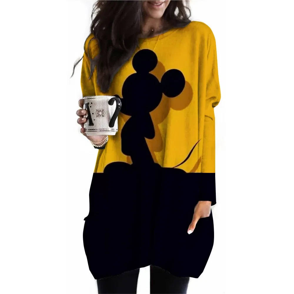 Color: Blue, Size: S - Women's T-shirt Disney Mickey Mouse printed long sleeved top for autumn daily loose long sleeved pocket pullover for women's Top