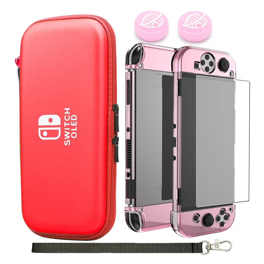 Color: Red - Case Kit For Nintend Switch OLED Console Carrying Case Protective Pouch Hard Shell Clear Cover For Switch Oled WIth Film Glass