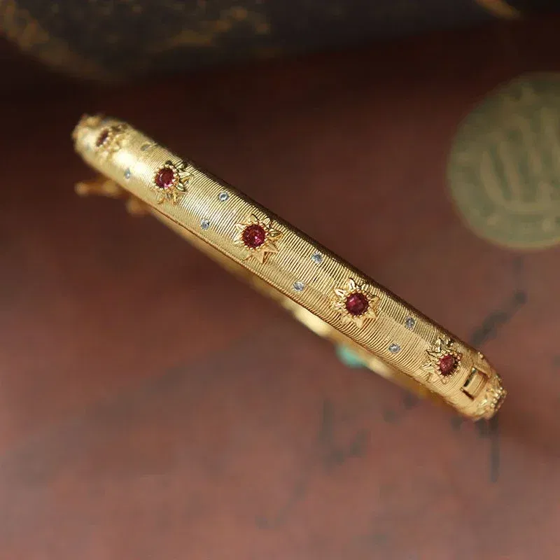 Gem Color: green - Classic Court style wire drawing bracelet for women light luxury elegant green crystal retro flower bangles wedding fine jewelry