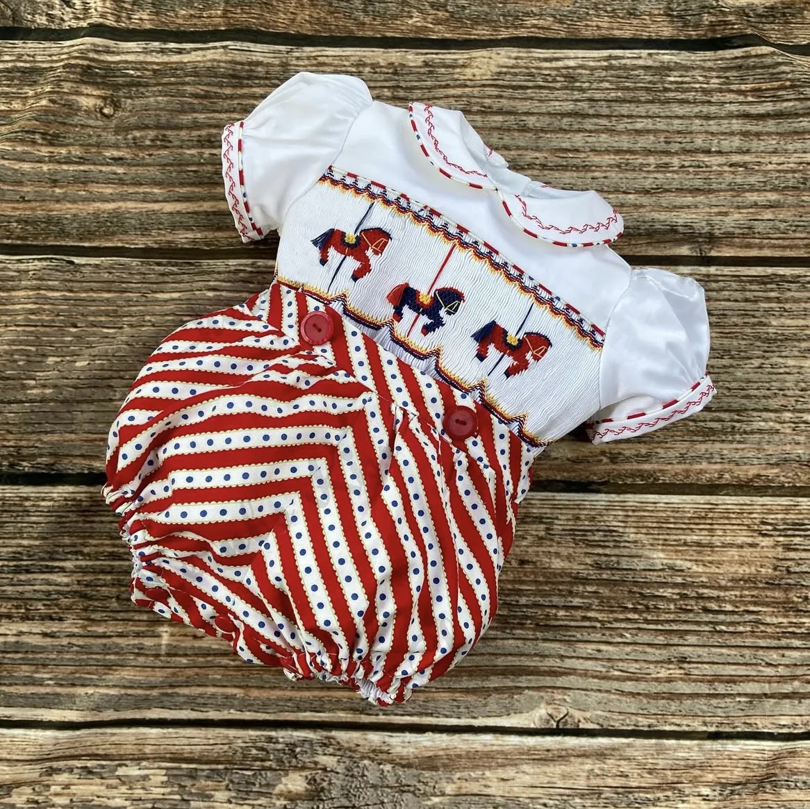 Kid Size: 3T - 0-3Y Boy Summer White Horse Smocked Outfit Suit  A11