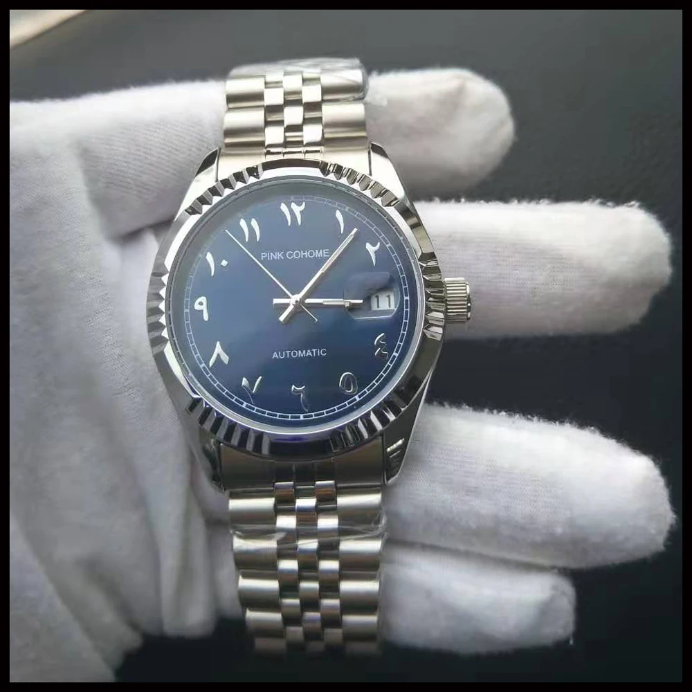 Color: Silver - Luxury Steel Arabic Numbers Watches Automatic Movement Urdu Numerals Mechanical Wristwatch Men Waterproof Erkek Saatleri