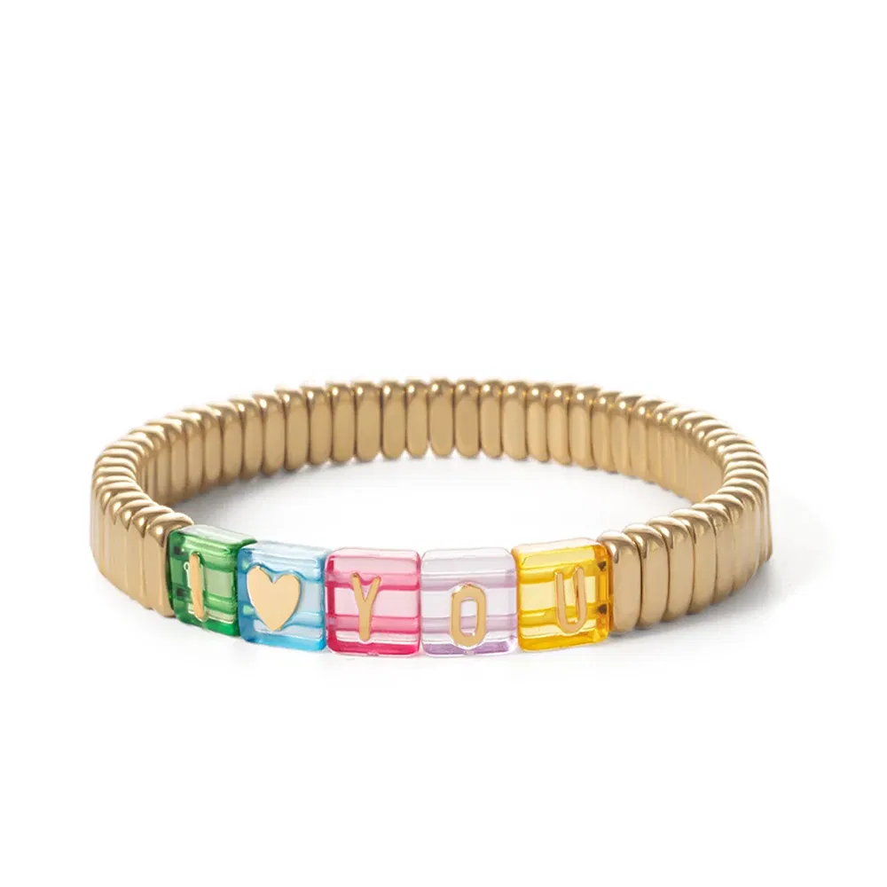 Metal Color: Pure Gold Color, Ships From: CHINA - Wholesale Gold Silver Color Elastic Bracelets Handmade Letter Charms Bracelets For Women 2X8MM Beads Bracelets Bohemain Jewelry