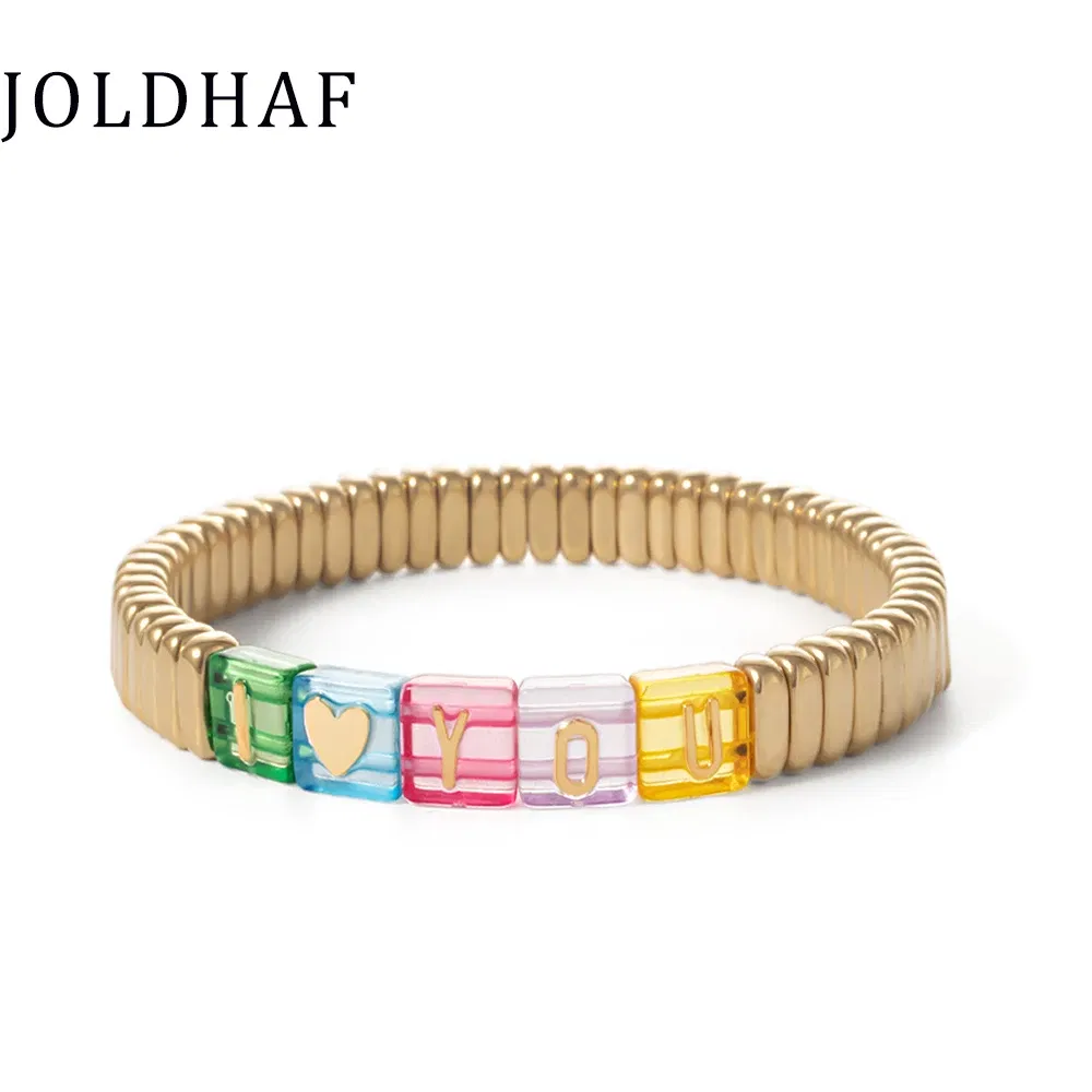 Metal Color: Pure Gold Color, Ships From: CHINA - Wholesale Gold Silver Color Elastic Bracelets Handmade Letter Charms Bracelets For Women 2X8MM Beads Bracelets Bohemain Jewelry