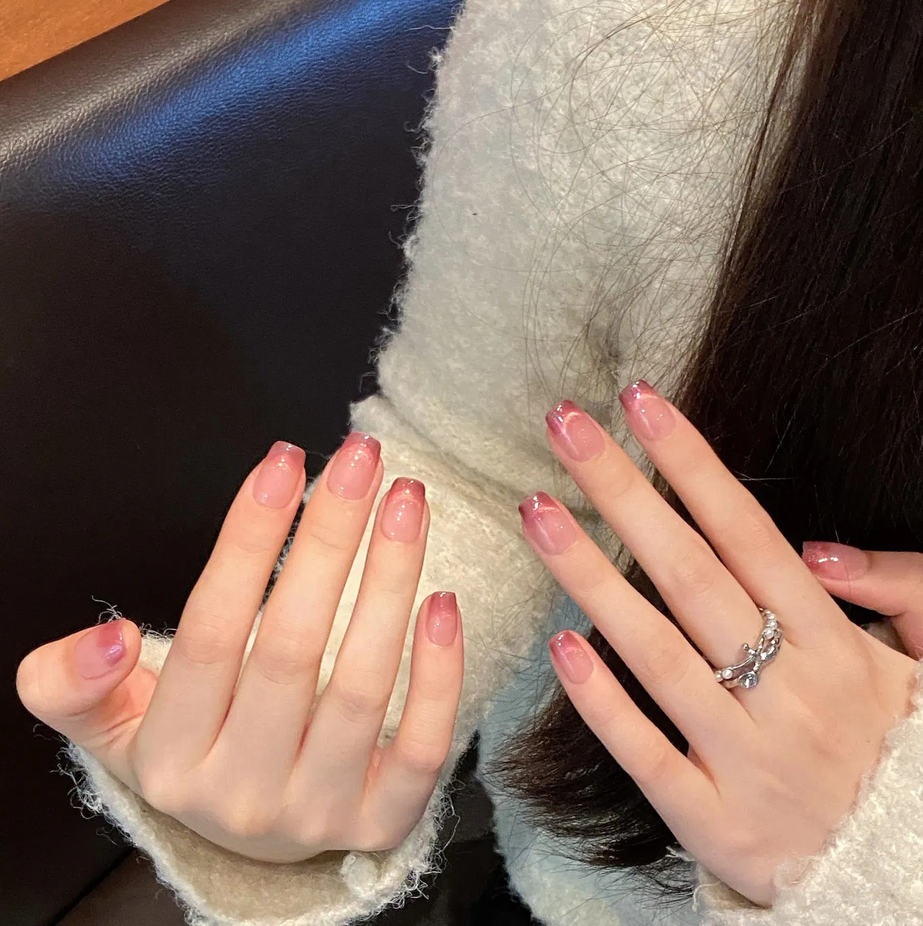 Color: WHITE - 10 PCS Luxury Handmade Press on Nails Short Square French Cat's Eye Design with 3-PIECE Tool Adhesive Nail Glue Tabs