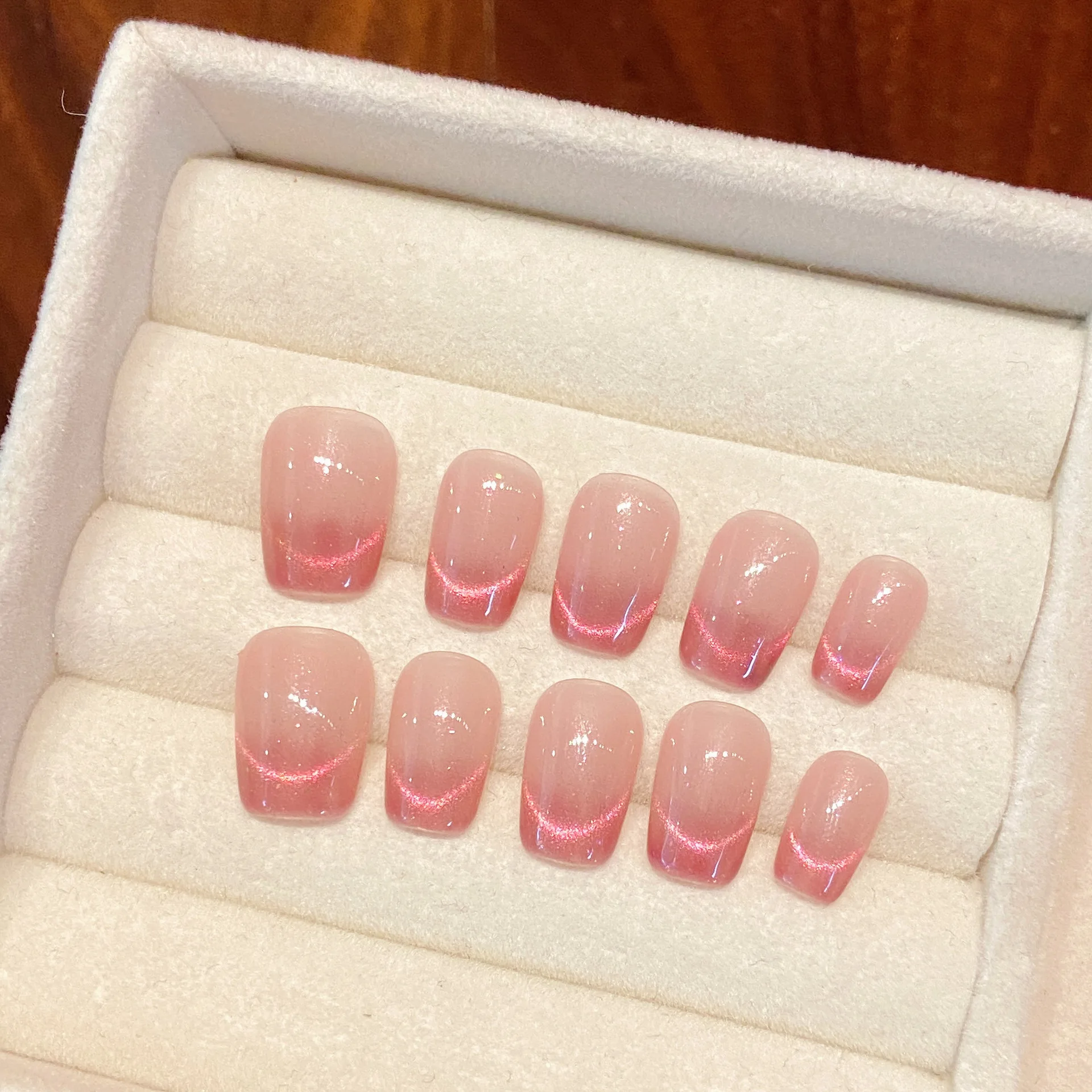 Color: WHITE - 10 PCS Luxury Handmade Press on Nails Short Square French Cat's Eye Design with 3-PIECE Tool Adhesive Nail Glue Tabs