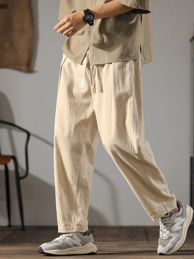 Color: Champagne, Size: S - Japenese Cotton Linen Pants Men Summer Straight Casual Ice Silk Sweatpants Male Wide leg Oversize Linen Trousers 2024 New
