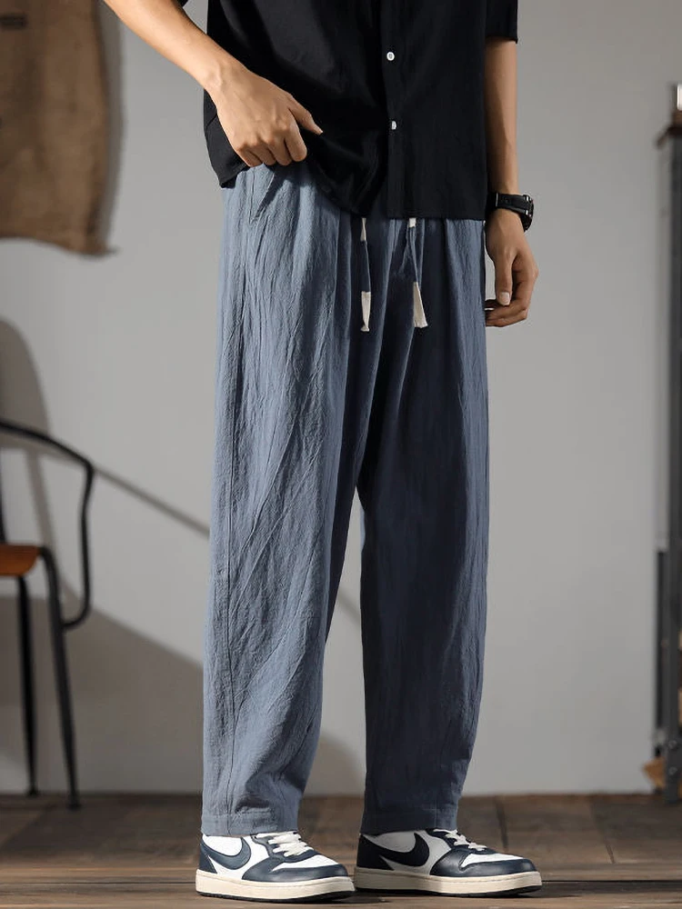 Color: Champagne, Size: S - Japenese Cotton Linen Pants Men Summer Straight Casual Ice Silk Sweatpants Male Wide leg Oversize Linen Trousers 2024 New
