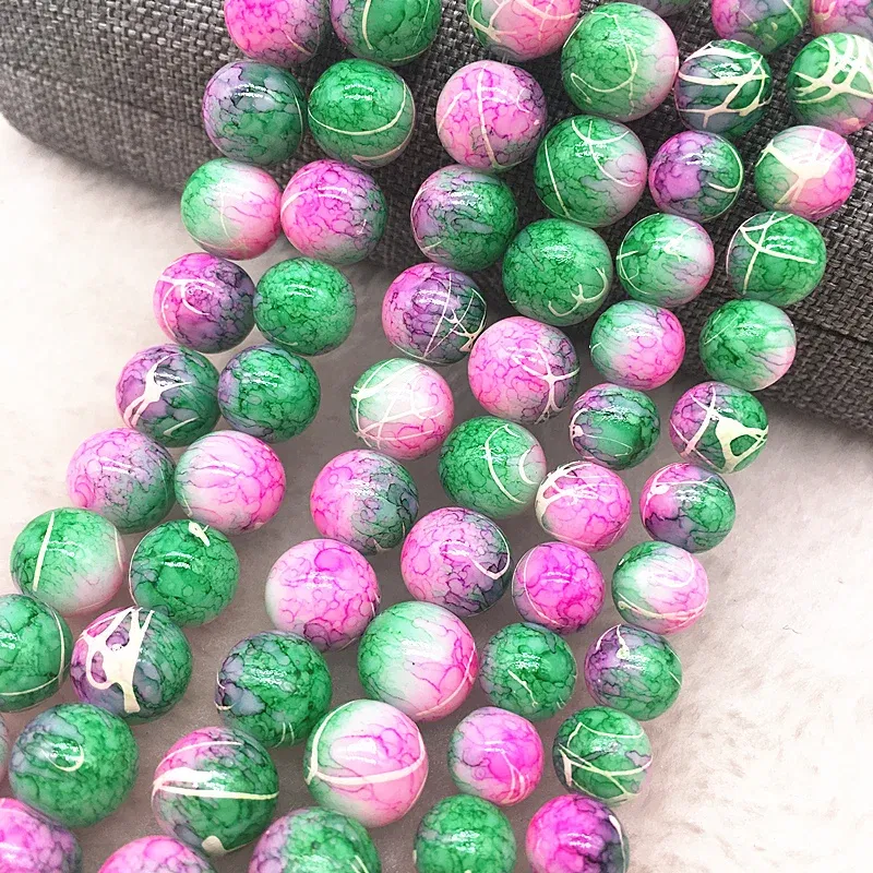 Color: khaki, Item Diameter: 4mm - Wholesale 4/6/8/10mm Glass Beads Round Loose Spacer Beads Pattern For Jewelry Making DIY Bracelet Necklace