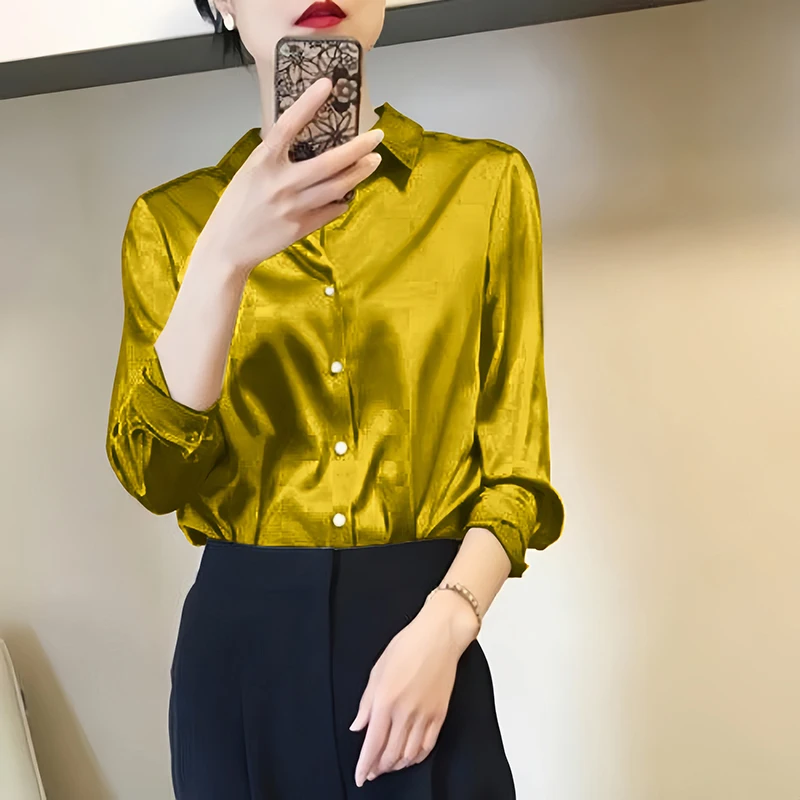 Color: Brown, Size: S - All-match Satin Finish Shirts And Blouses Women Clothing Casual Top OL Long Sleeve Button Elegant Shirts French Solid Blouses
