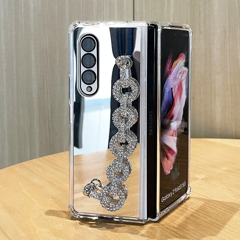 Color: Beige, Material: Denim - Luxury Rhinestone Bracelet Phone Cover For Samsung Galaxy Z Fold 6 5 4 3 Makeup Mirror Soft TPU Frame Shockproof Case For Woman