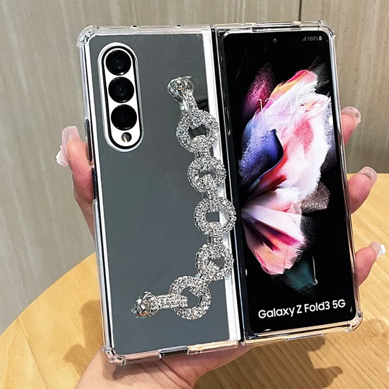 Color: Beige, Material: Denim - Luxury Rhinestone Bracelet Phone Cover For Samsung Galaxy Z Fold 6 5 4 3 Makeup Mirror Soft TPU Frame Shockproof Case For Woman
